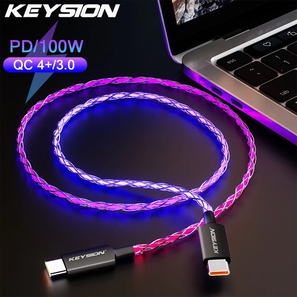 KEYSION USB-C to C타입 케이블, RGB 그라디언트 라이트 PD 고속 충전기 코드, 레드미 노트 11, 삼성 S22 맥북 프로용, 100W
